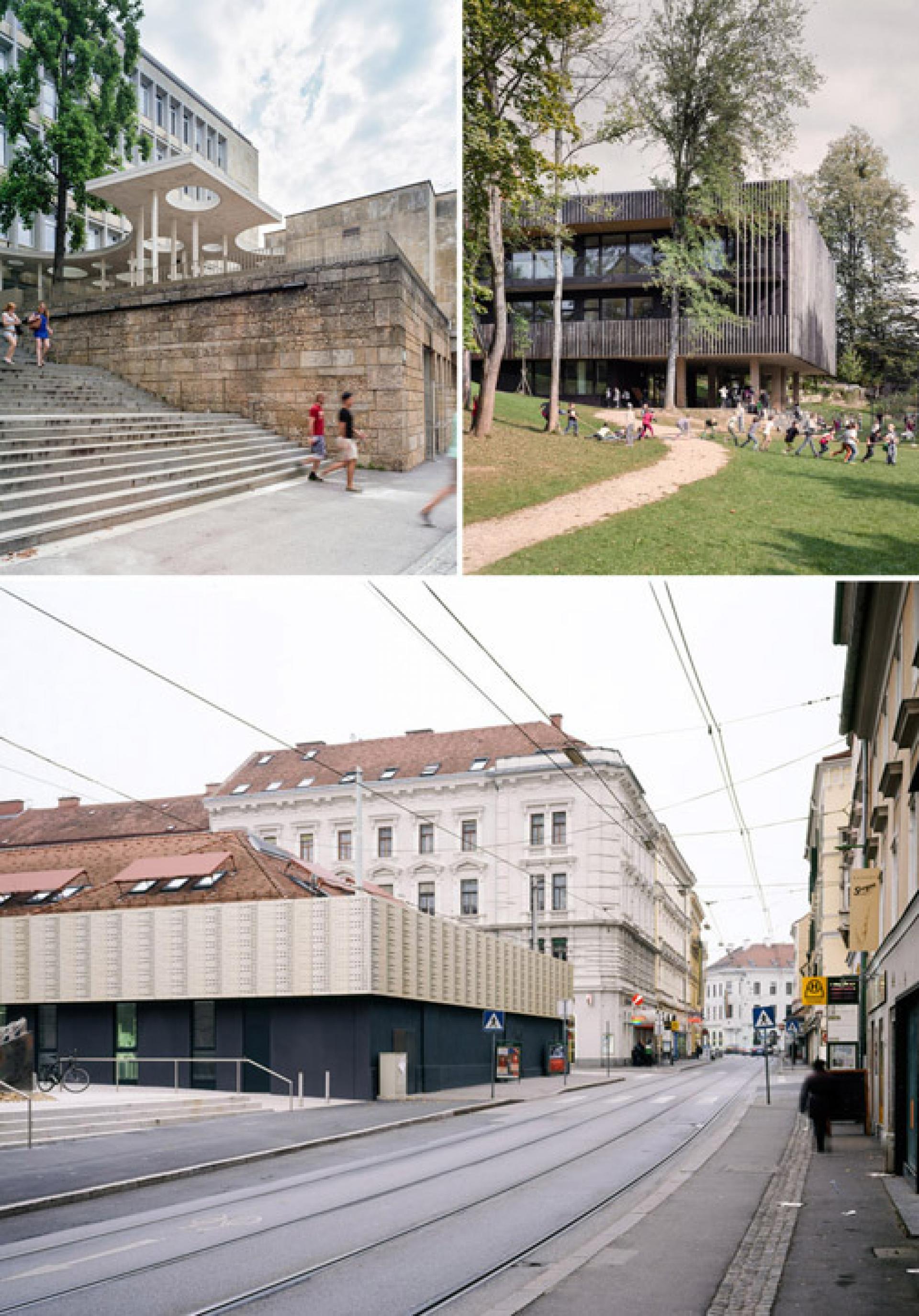 Learning spaces of Biomedical Technology by Gangoly and Kristiner Architects, Primary School Mariagrün by Christoph Kalb and Theater Palais by balloon architects | Photo Simon Oberhofer